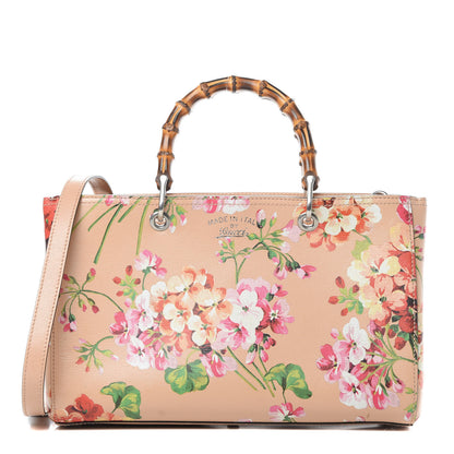Gucci Shangai Calfskin Blooms Print Medium Bamboo Shopper Tote Pink Apricot Multicolor 1 of 12