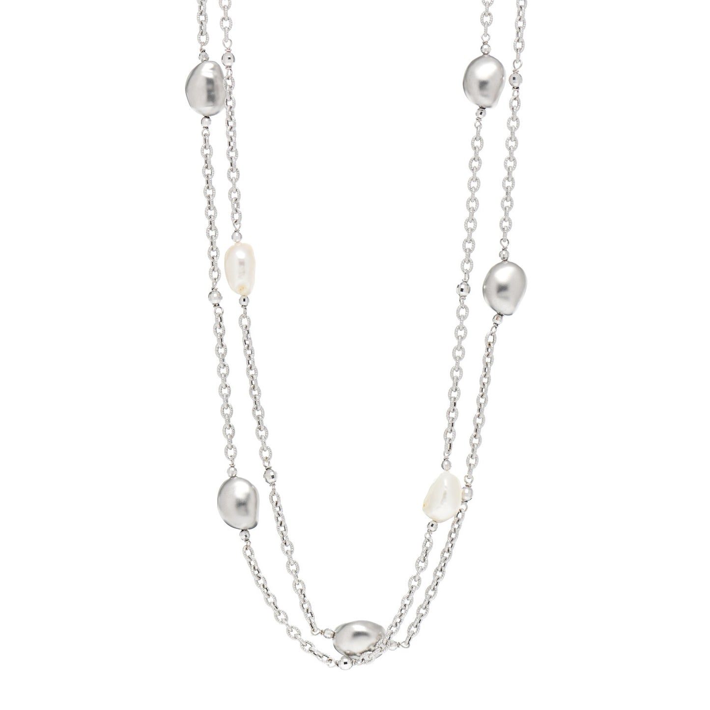 18K White Gold Baroque Pearl Nugget Station Necklace