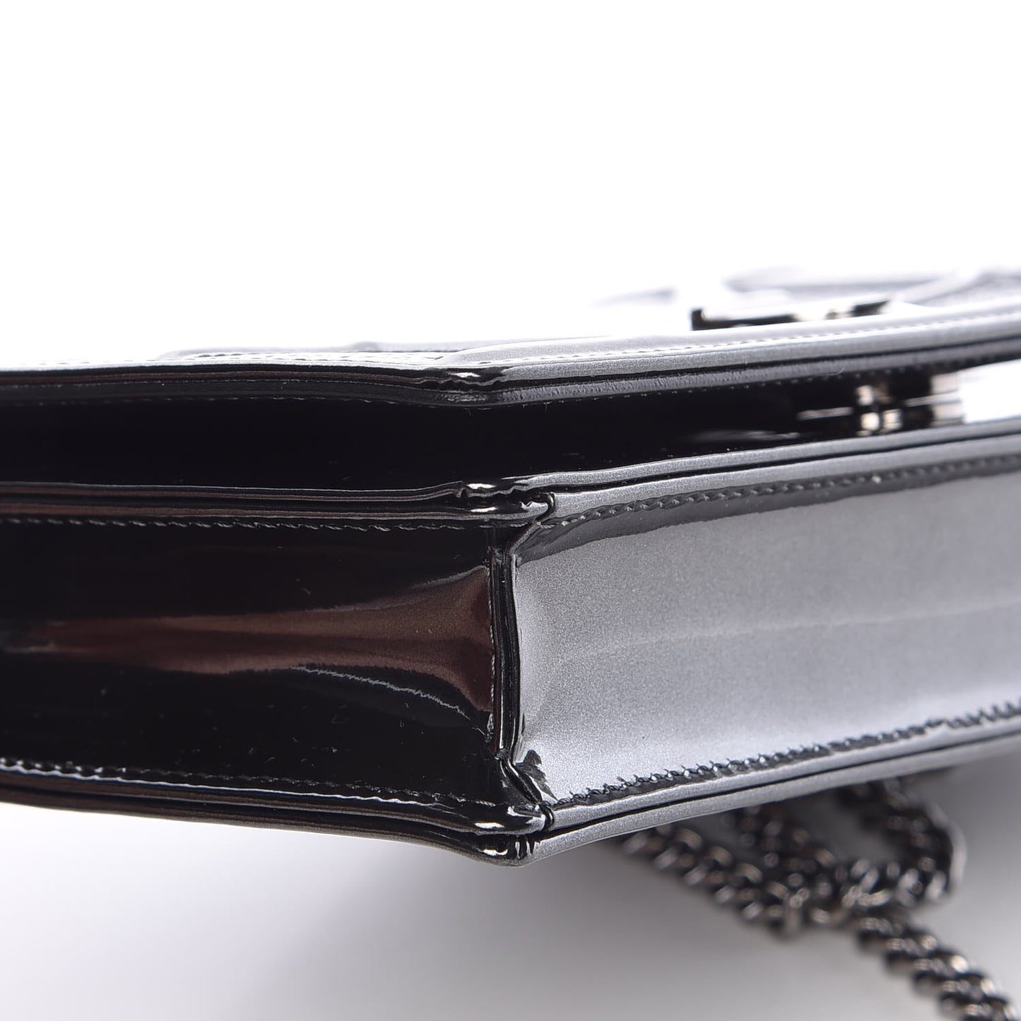 Metallic Patent Micro-Cannage Diorama Wallet on Chain Pouch Black