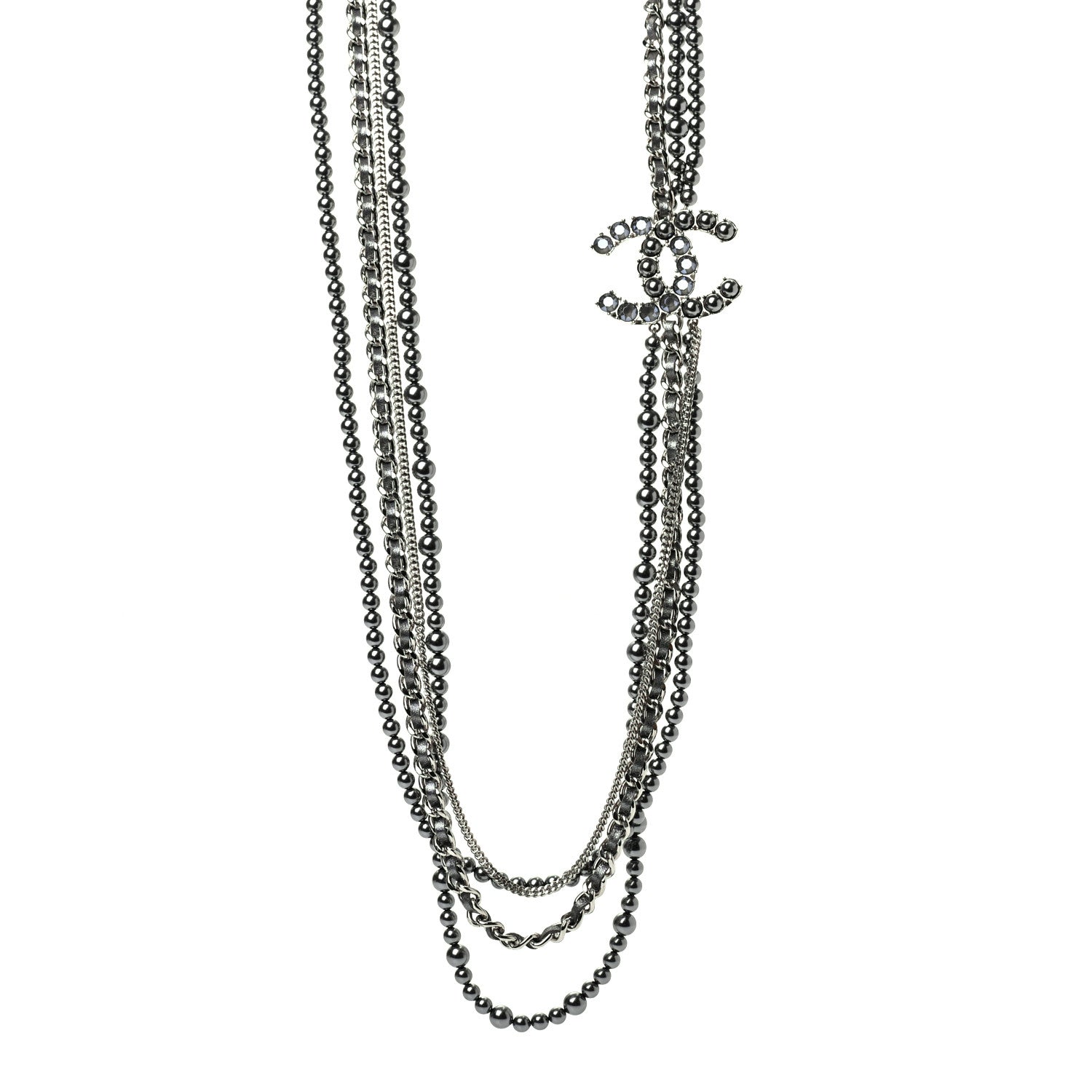 Chanel Crystal Pearl Lambskin CC Multi Strand Necklace Grey Silver 1 of 6