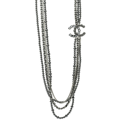 Chanel Crystal Pearl Lambskin CC Multi Strand Necklace Grey Silver 1 of 6