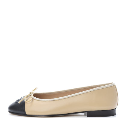 Chanel Lambskin CC Cap Toe Ballerina Flats 37.5 Beige Black 1 of 8