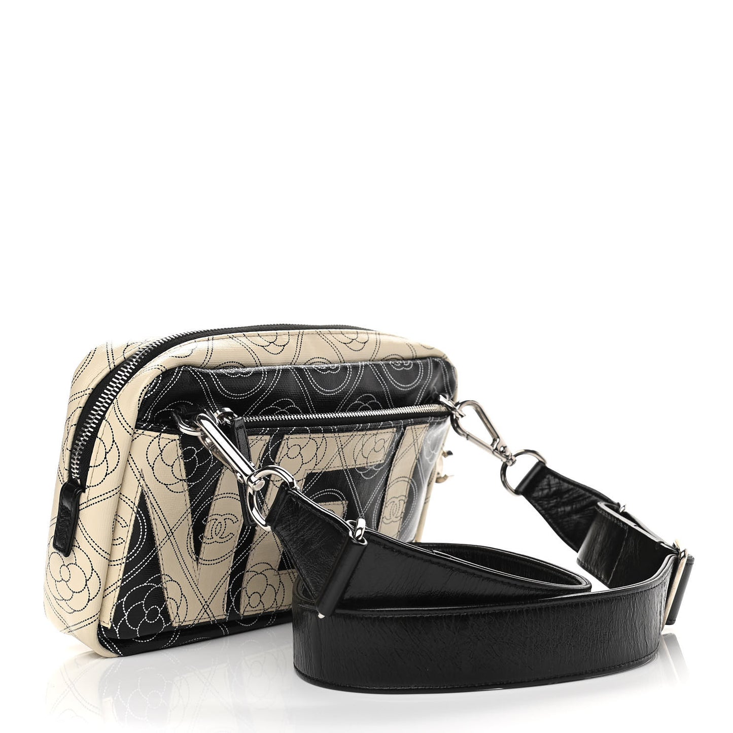 Coated Canvas Calfskin Camellia Printed Camera Case Black Beige