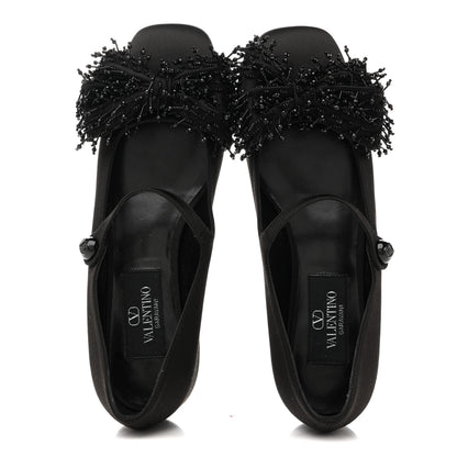 Valentino Garavani Satin Beaded Bowjane Mary Jane Ballerina Flats 37 Black 2 of 9
