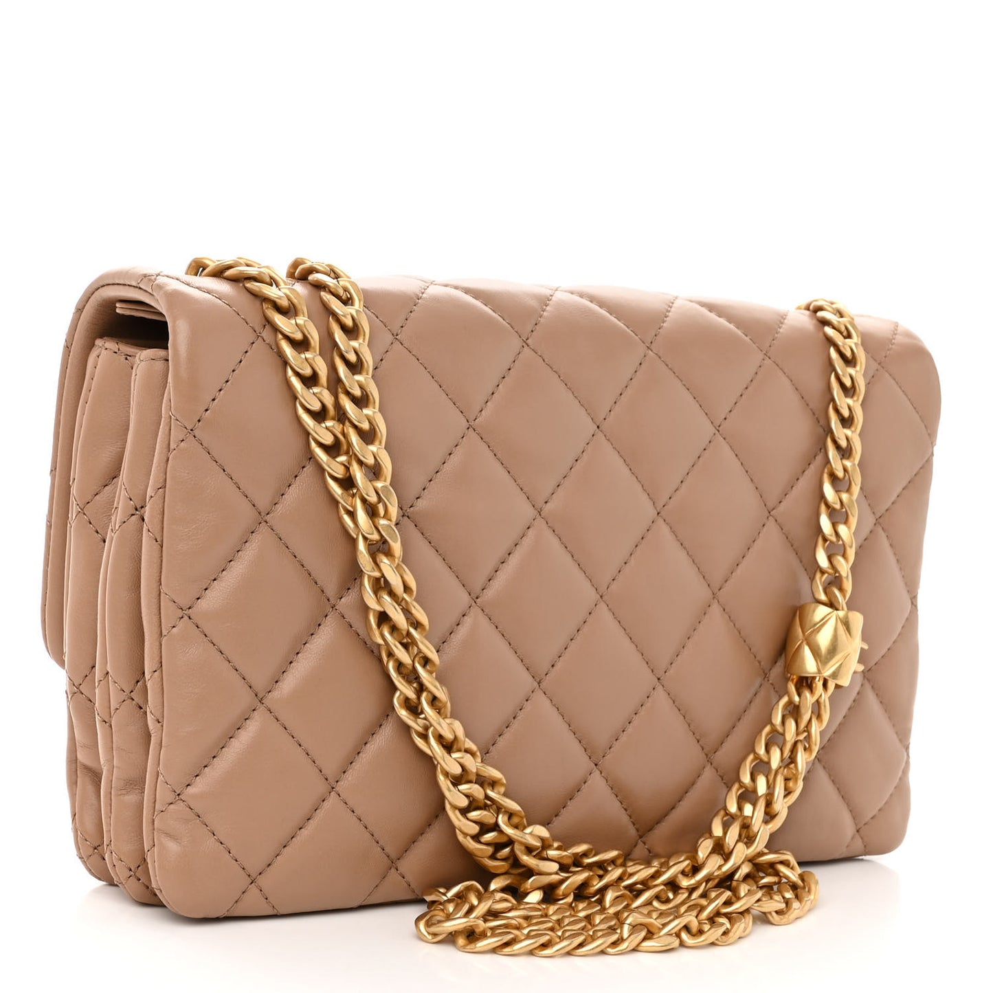 Lambskin Quilted Medium Pillow Crush Flap Beige