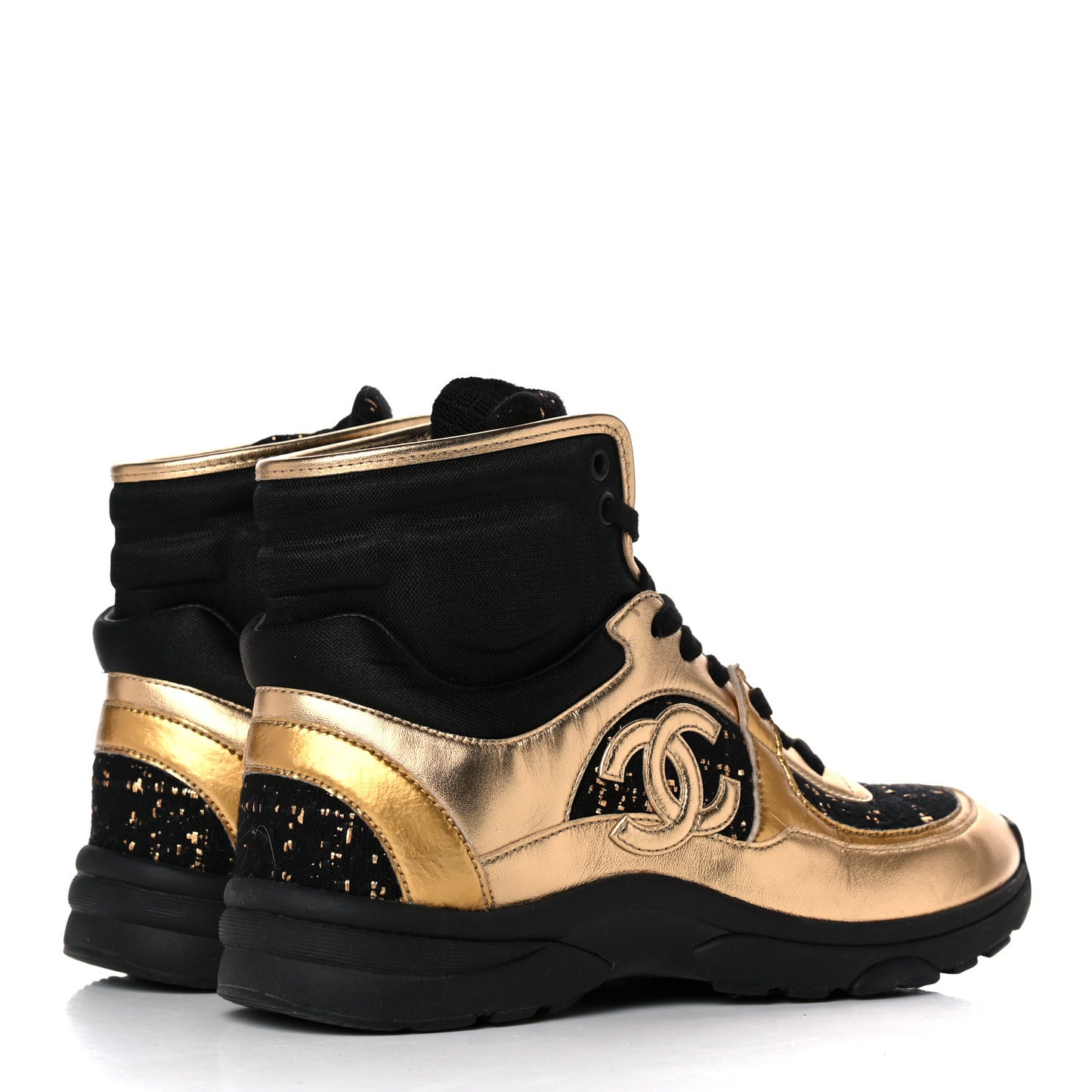 Satin Lambskin Fabric Tweed CC High Top Sneakers 37.5 Black Gold