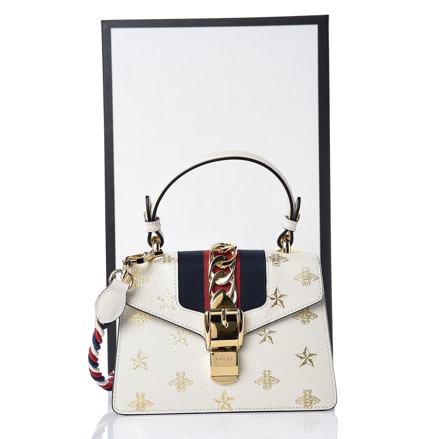 Textured Calfskin Bee Star Print Mini Sylvie Top Handle Bag Mystic White