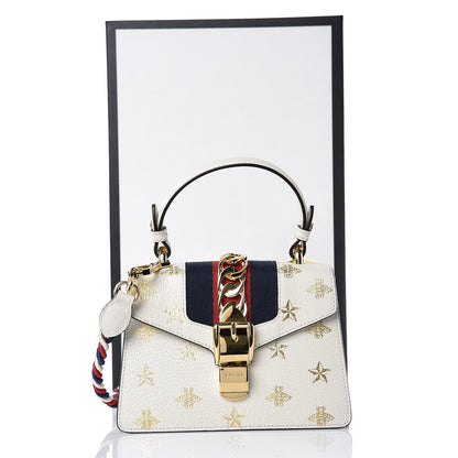 Gucci Textured Calfskin Bee Star Print Mini Sylvie Top Handle Bag Mystic White 8 of 8
