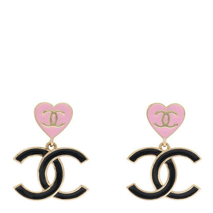 Chanel Metal Enamel CC Heart Drop Earrings Gold Black Pink 1 of 5