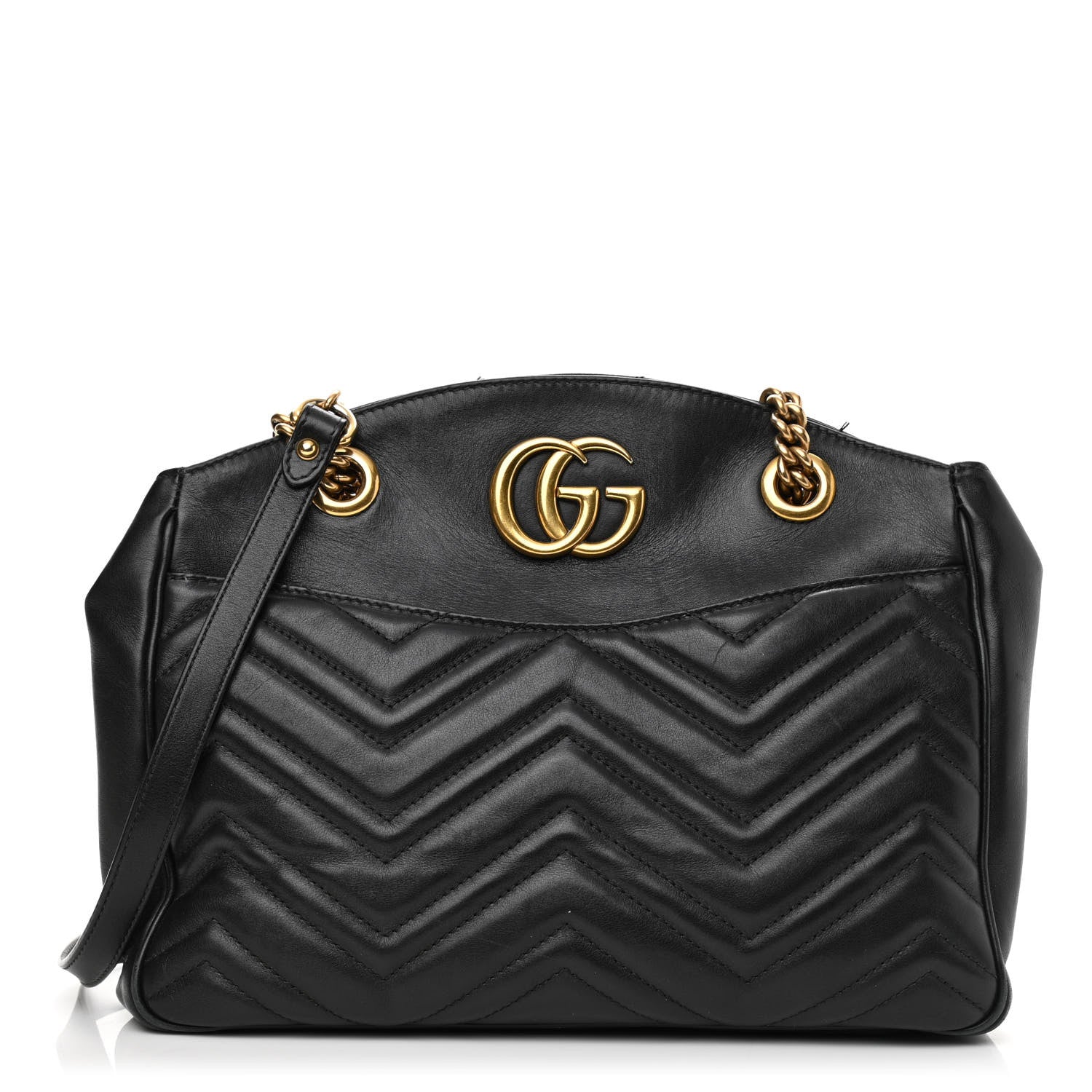 product image of GUCCI Calfskin Matelasse Medium GG Marmont Open Top Shoulder Bag Black FASHIONPHILE