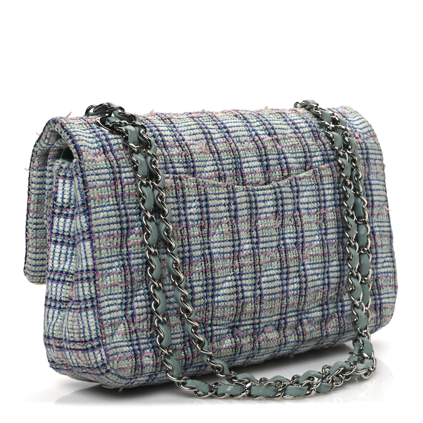 Tweed Quilted Medium Double Flap Blue White Pink Green