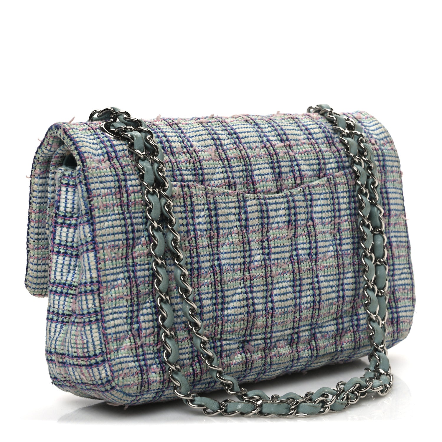 Chanel Tweed Quilted Medium Double Flap Blue White Pink Green 3 of 10