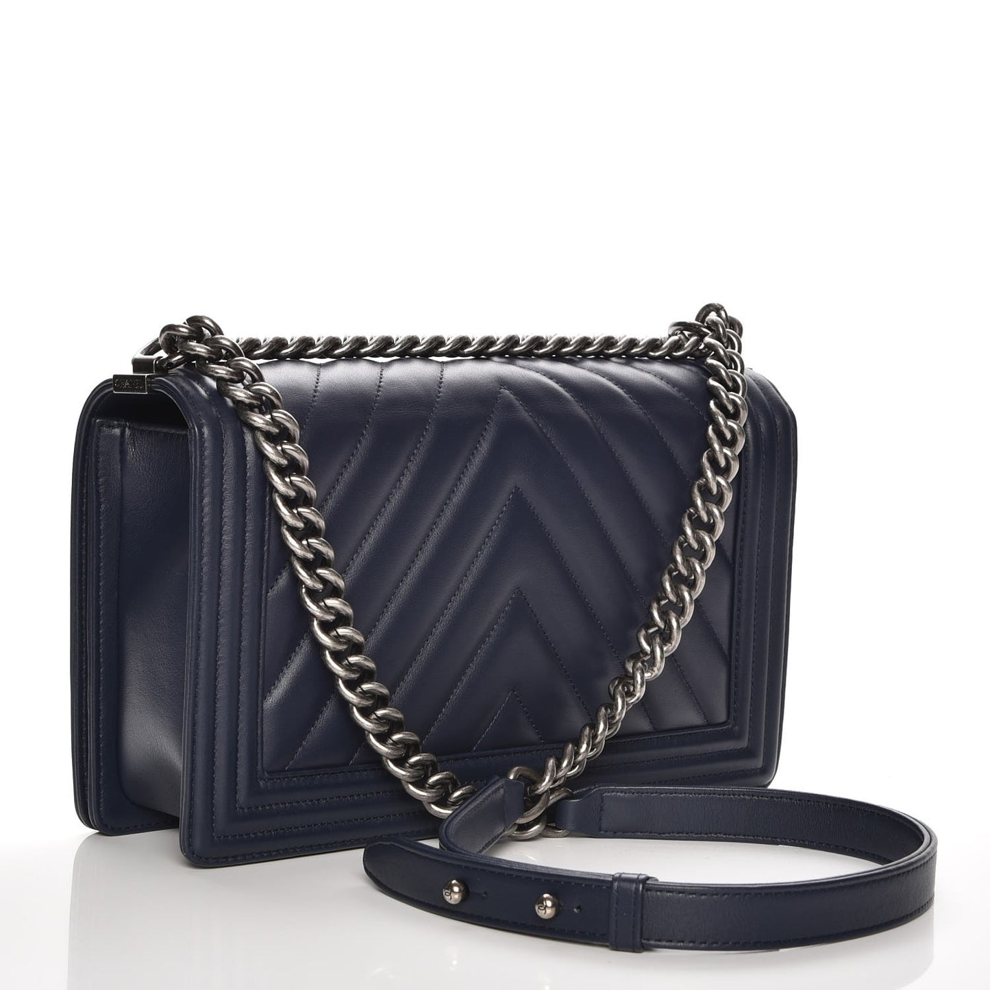 Calfskin Chevron New Medium Boy Flap Dark Navy Blue