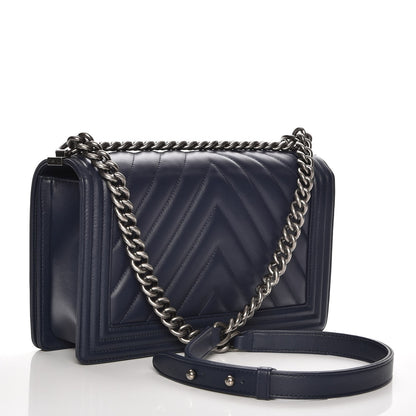 Chanel Calfskin Chevron New Medium Boy Flap Dark Navy Blue 3 of 8