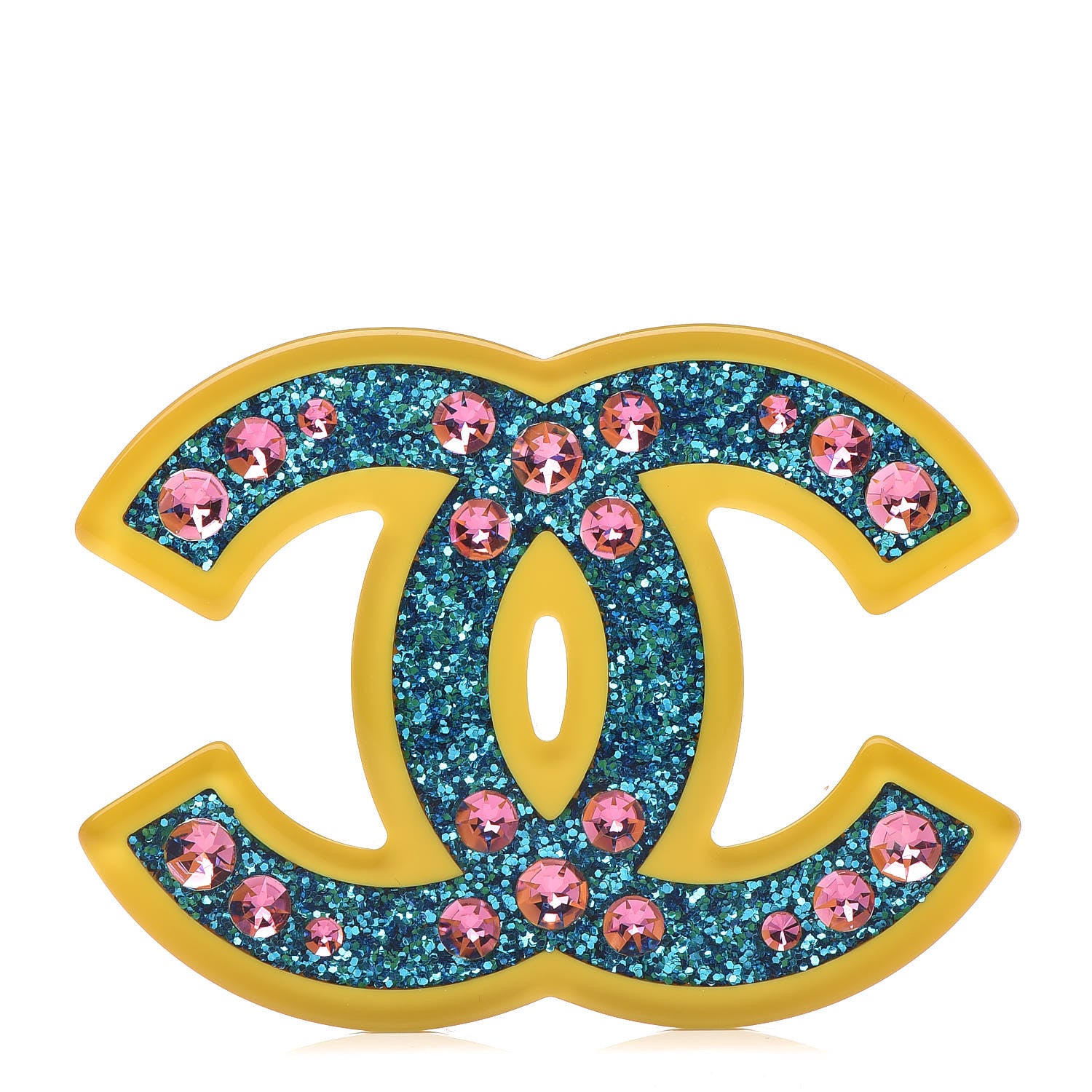 Chanel Resin Glitter Crystal CC Brooch Yellow Blue 1 of 5