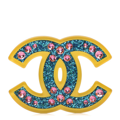 Chanel Resin Glitter Crystal CC Brooch Yellow Blue 1 of 5
