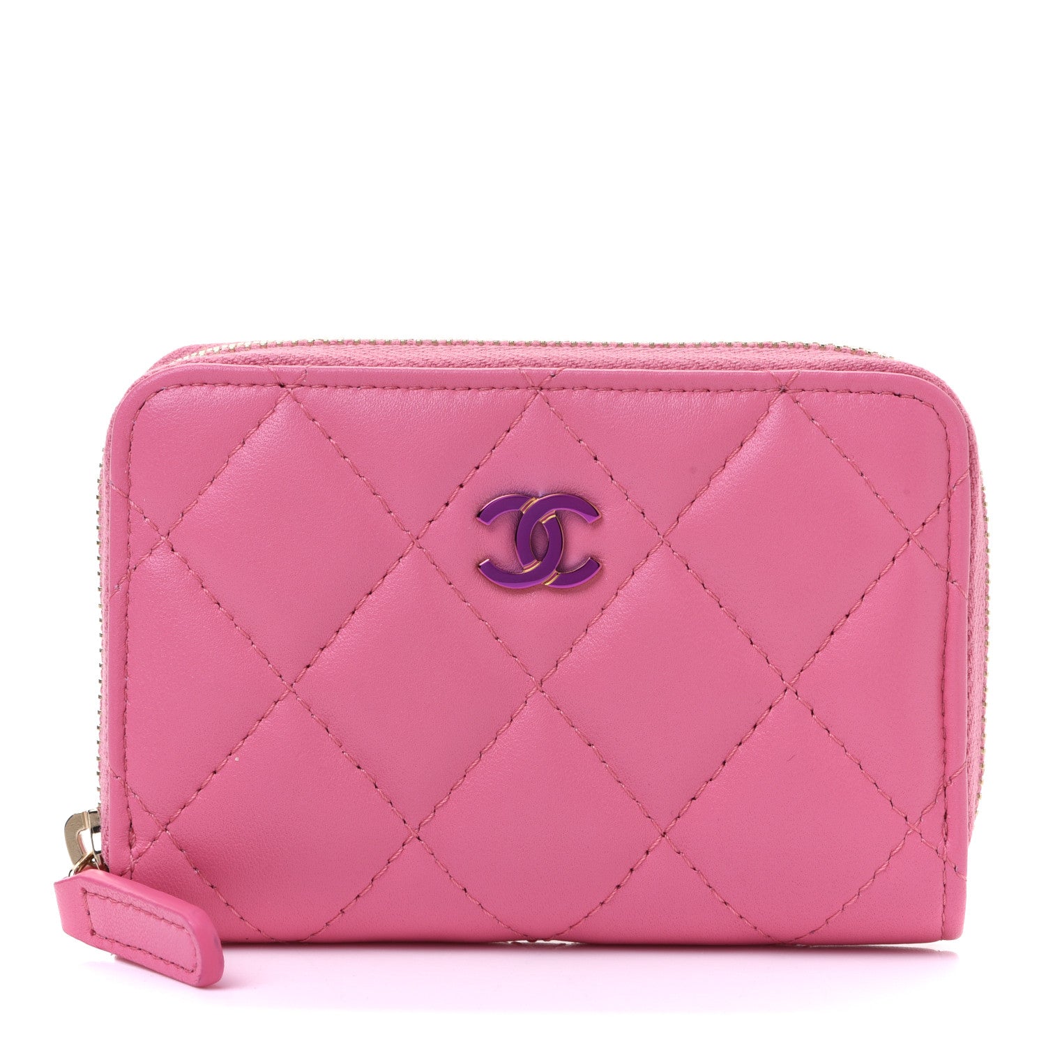 Chanel Lambskin Quilted Zip Around Coin Purse Wallet Pink Yellow 1 of 8