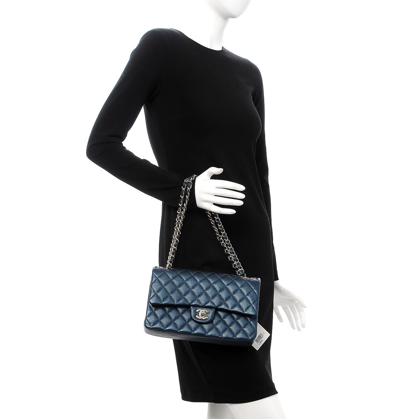 Metallic Caviar Quilted Medium Double Flap Dark Blue