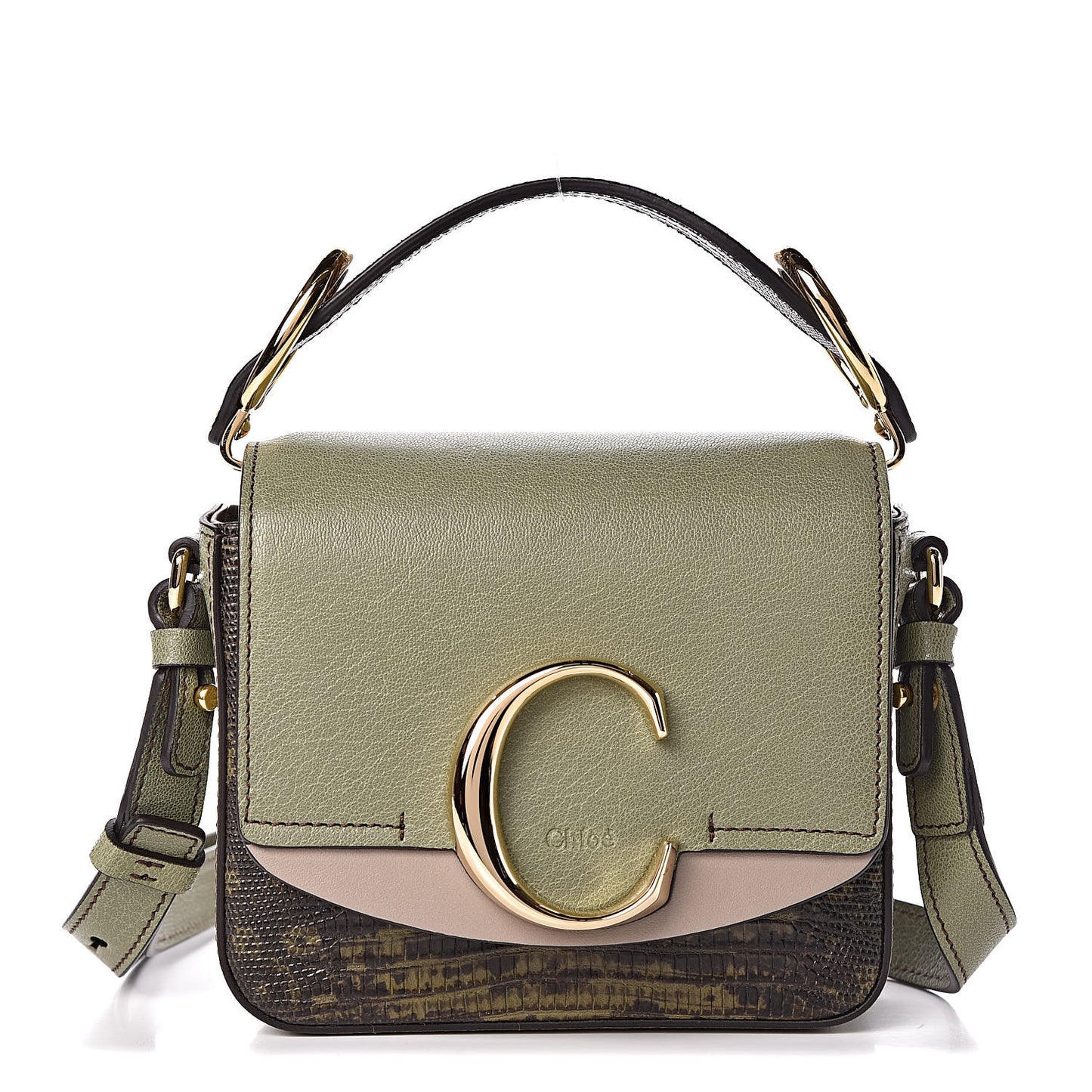 Goatskin Calfskin Lizard Embossed Mini C Double Carry Antique Green
