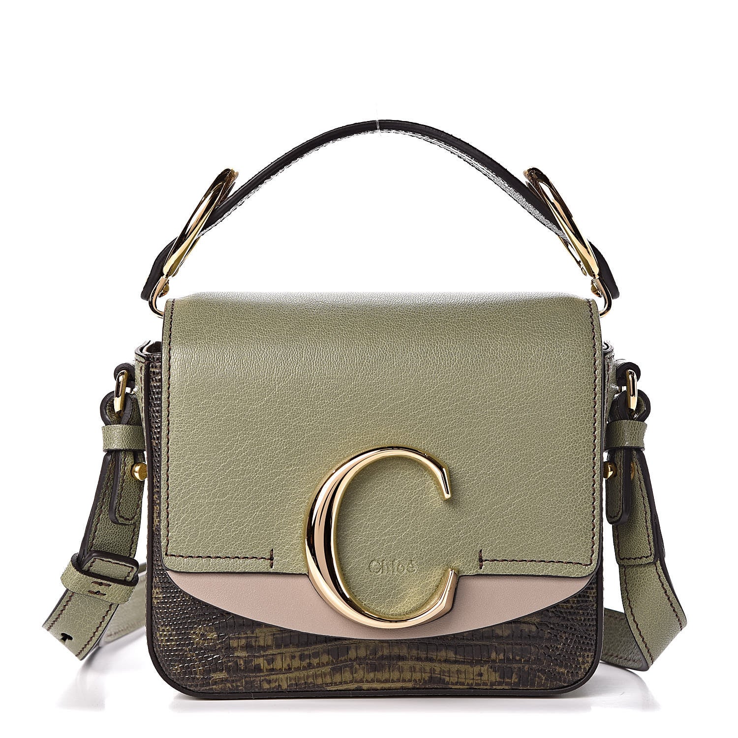 Chloe Goatskin Calfskin Lizard Embossed Mini C Double Carry Antique Green 1 of 9
