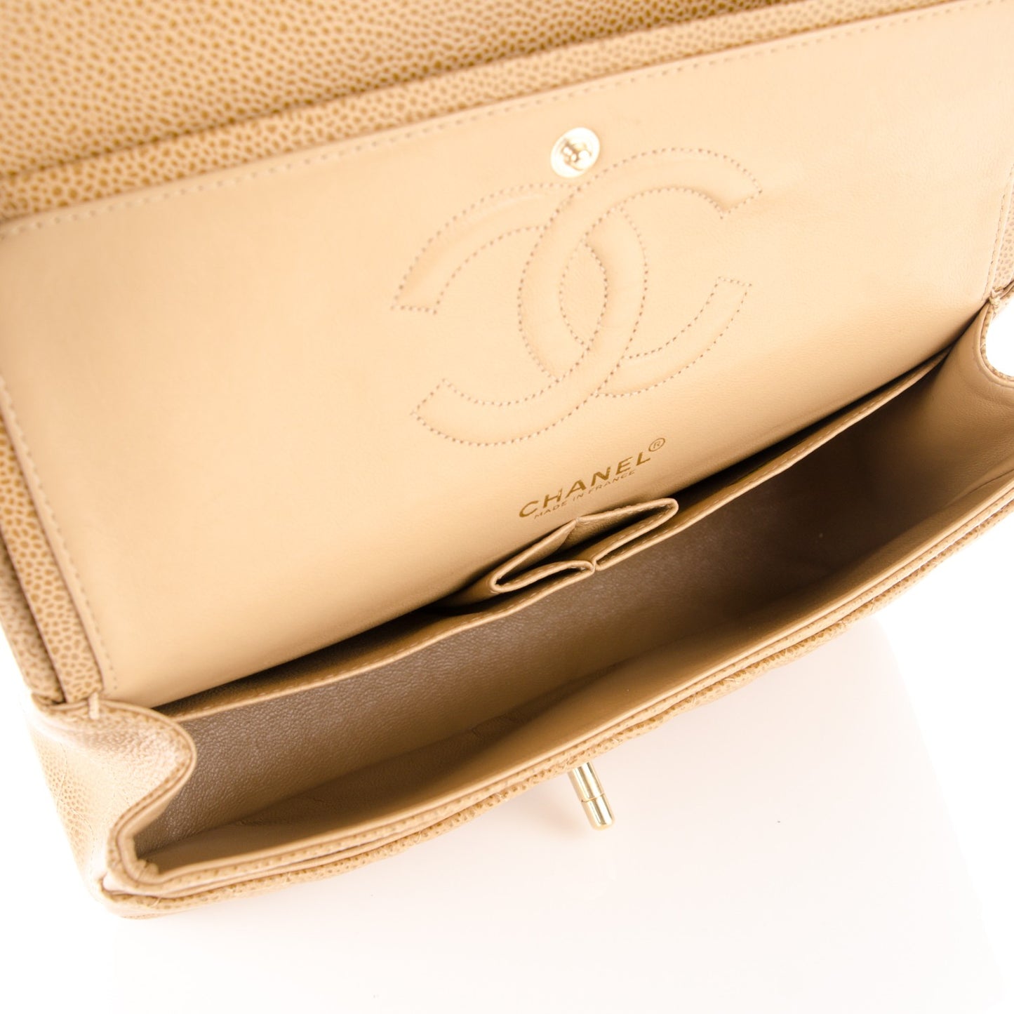 Caviar Quilted Medium Double Flap Beige