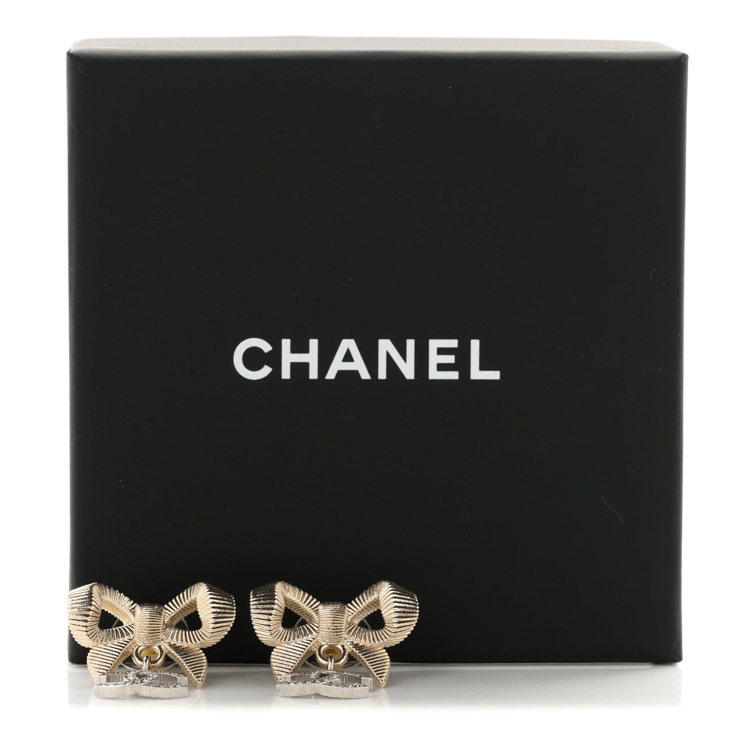 Metal Crystal CC Bow Earrings Gold Silver