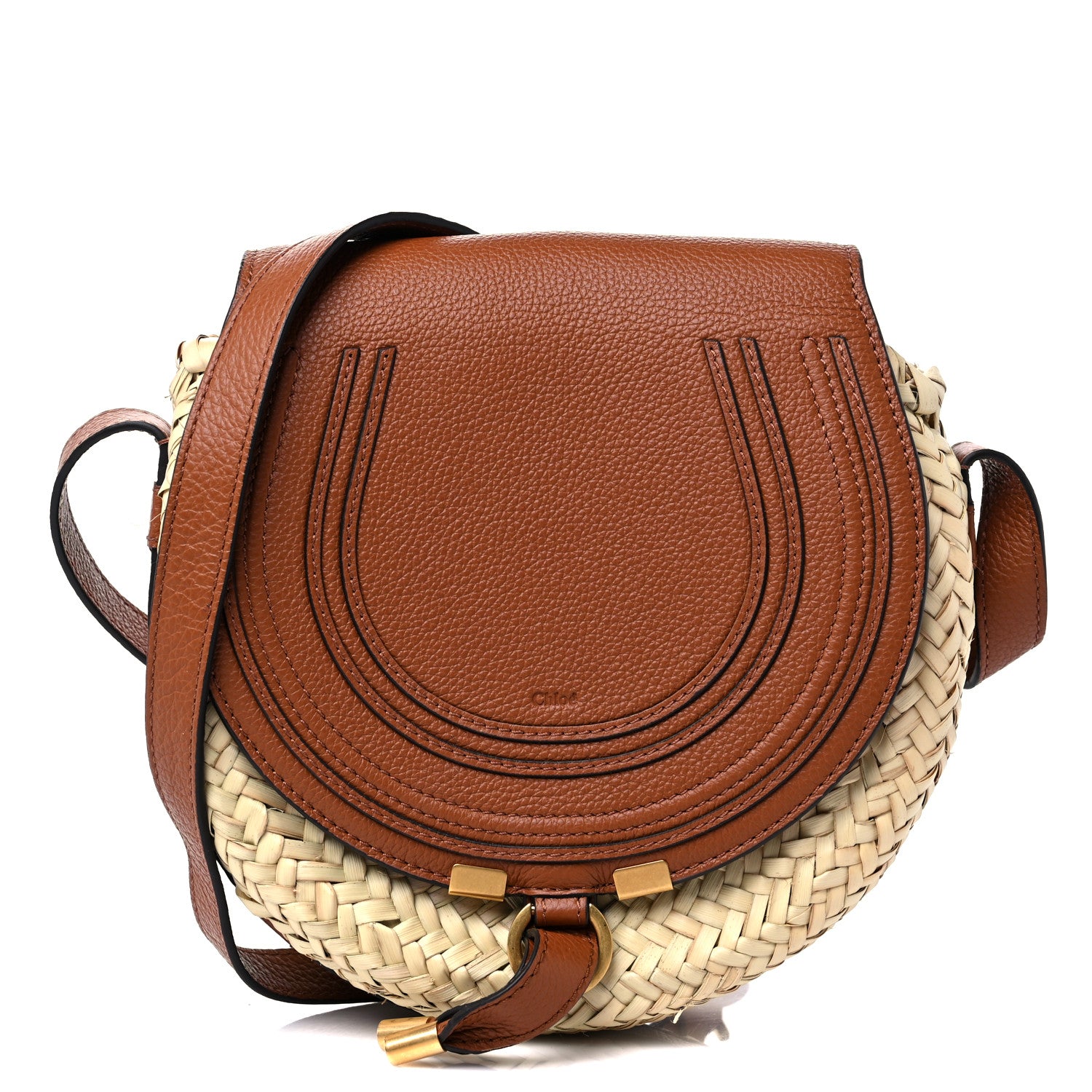 Chloe Raffia Small Grain Calfskin Small Marcie Basket Crossbody Tan 1 of 11