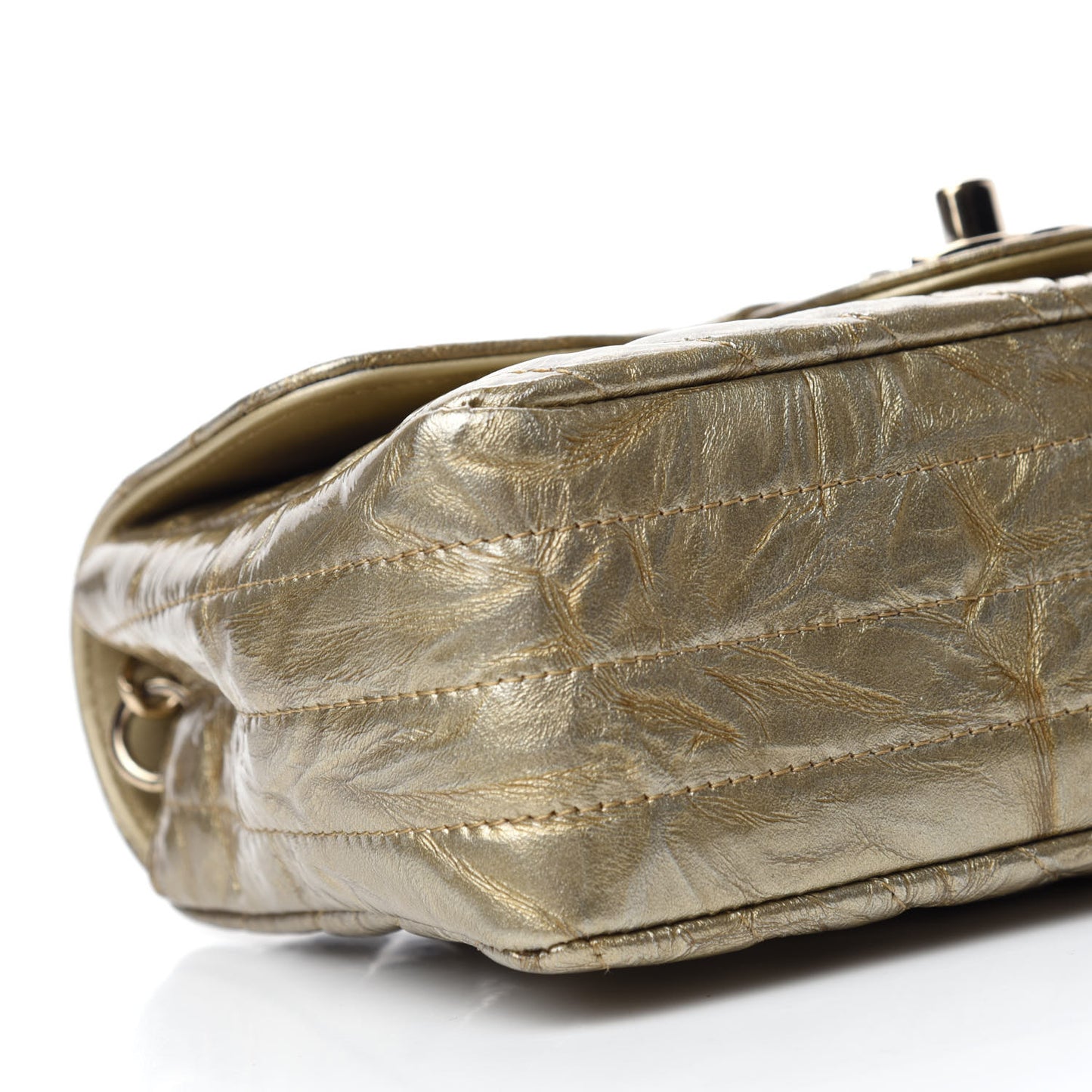 Patent Metallic Crumpled Calfskin Chevron Quilted Mini Rectangular Flap Gold