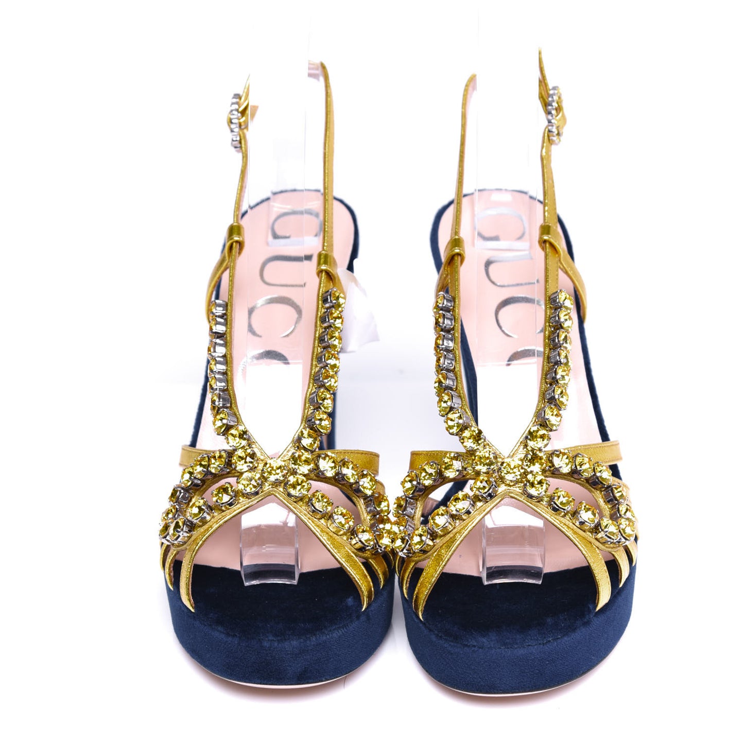 Velvet Nappa Crystal Zephyra Slingback Platform High Heel Sandals 36.5 Blue Gold
