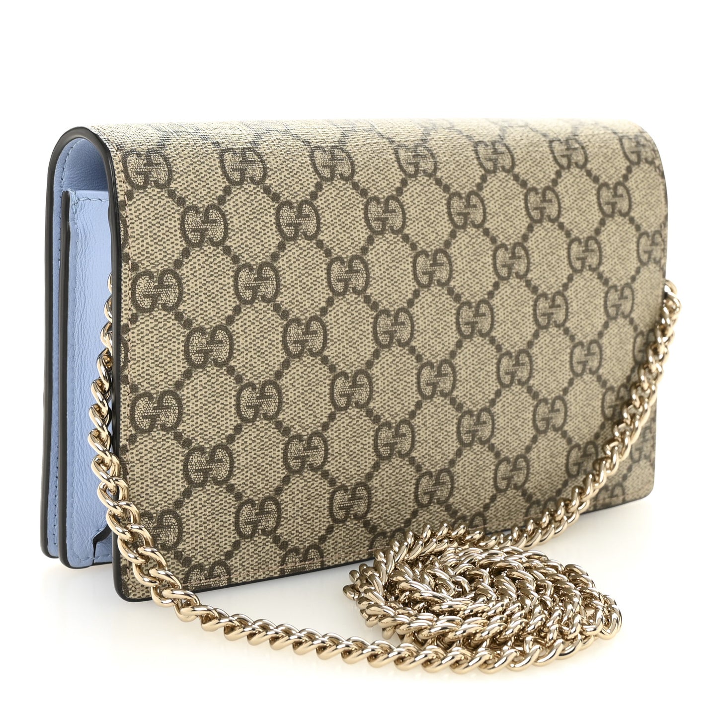 GG Supreme Monogram Textured Dollar Calfskin Mini GG Marmont Chain Wallet Light Pink Blue Beige