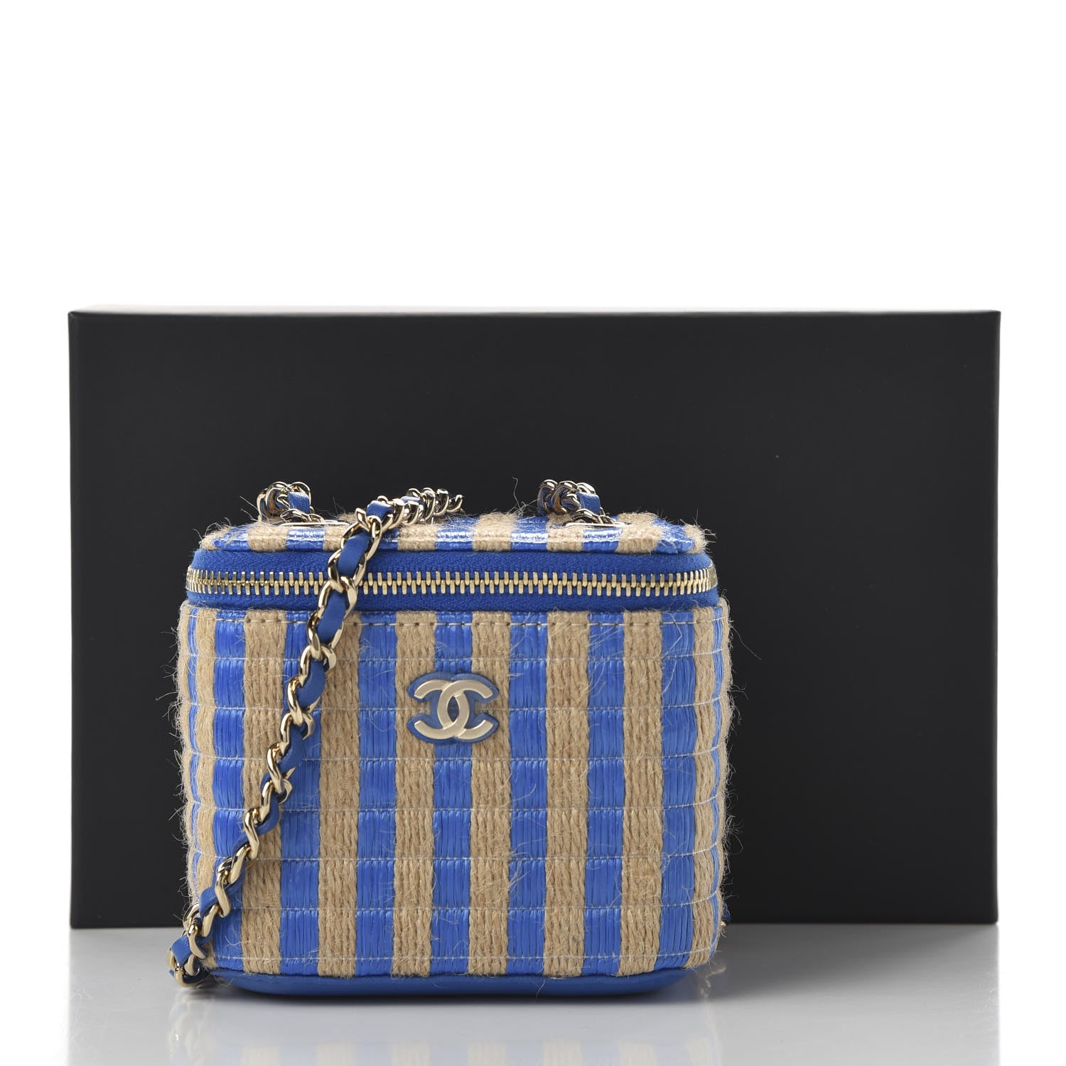 Chanel Raffia Jute Striped Mini Vanity Case With Chain Blue Beige 11 of 11