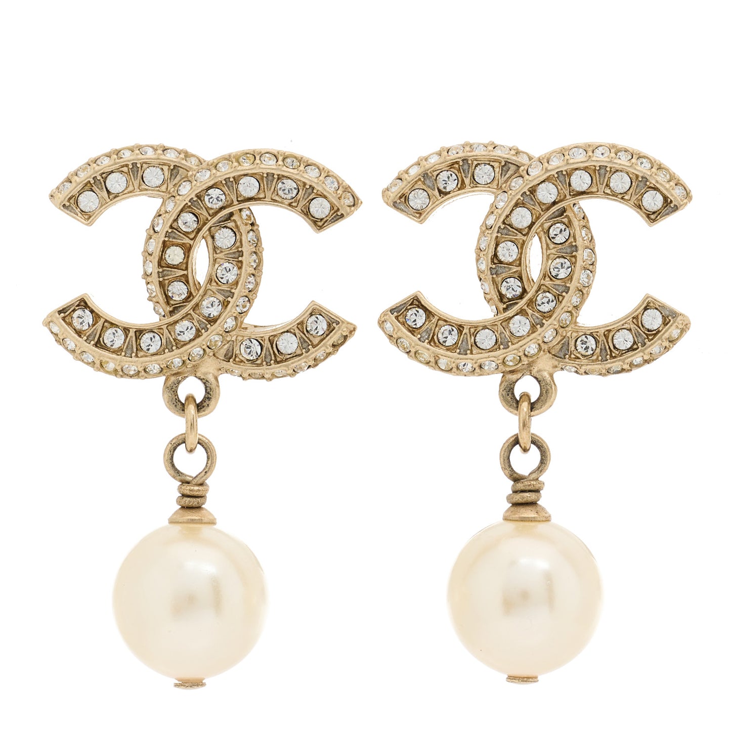 Crystal Pearl CC Drop Earrings Gold
