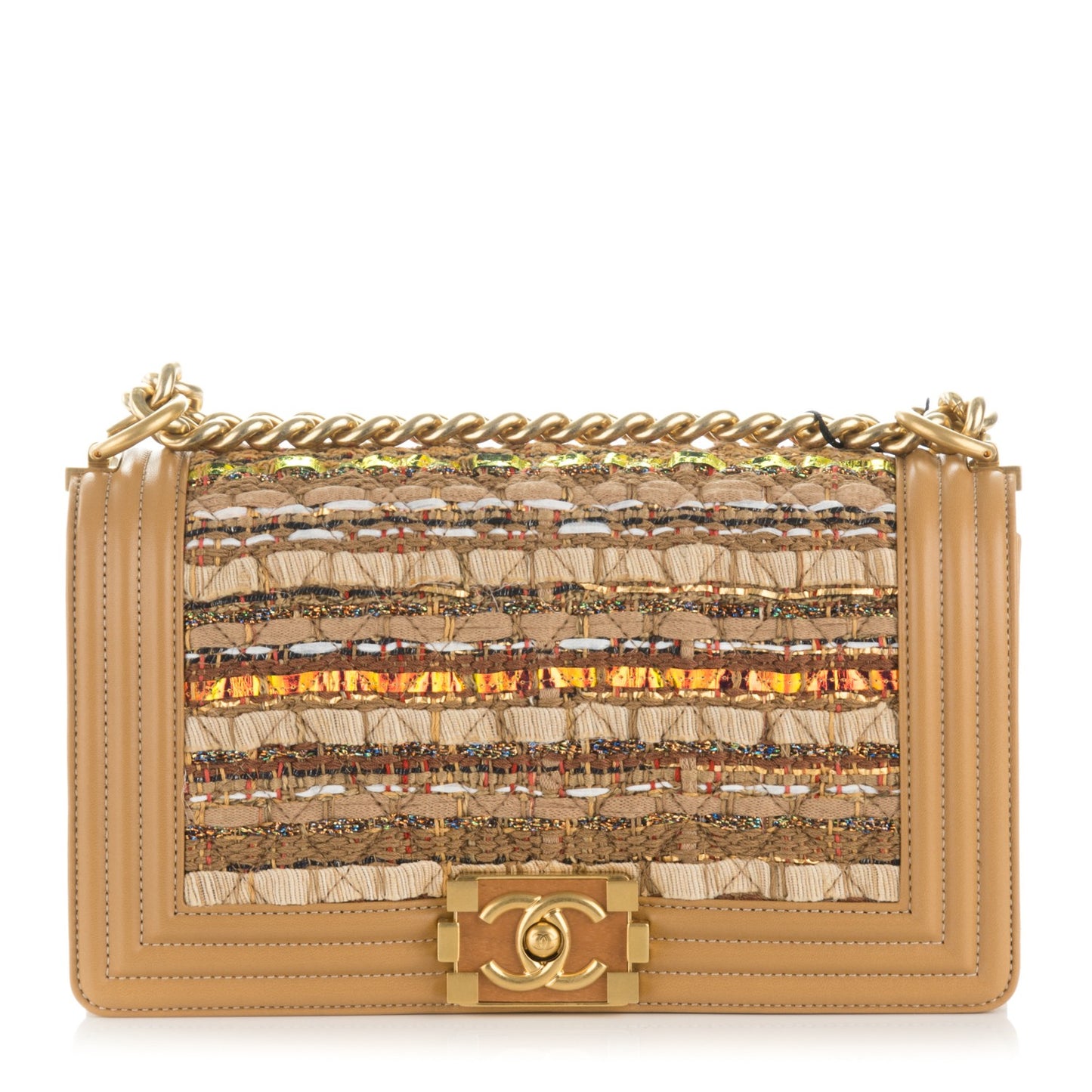 Iridescent Tweed Lambskin Medium Boy Flap Dark Beige