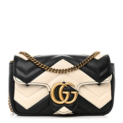 Gucci Calfskin Matelasse Super Mini GG Marmont Shoulder Bag Black White 1 of 16