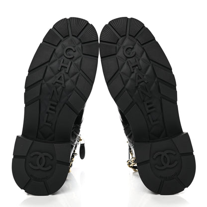 Chanel Shiny Calfskin Patent Quilted Chain Lace Up Combat Boots 38.5 Black 5 of 9