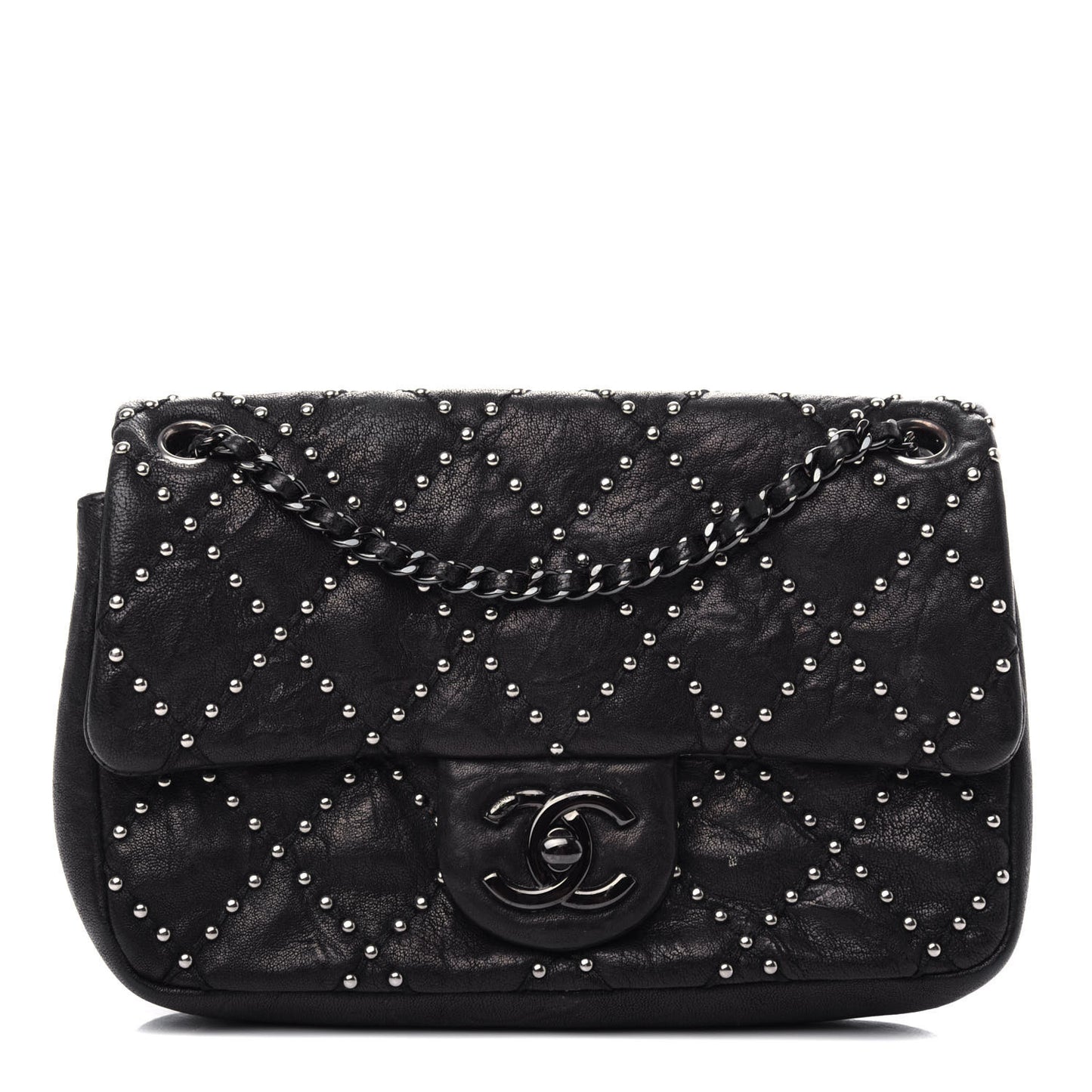 Washed Lambskin Studded Small Metal Beauty Flap Black