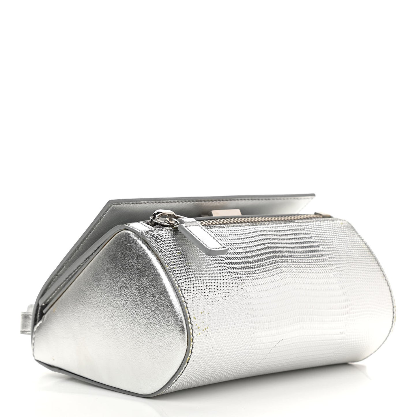 Metallic Calfskin Lizard Embossed Mini Pandora Box Crossbody Bag Silver
