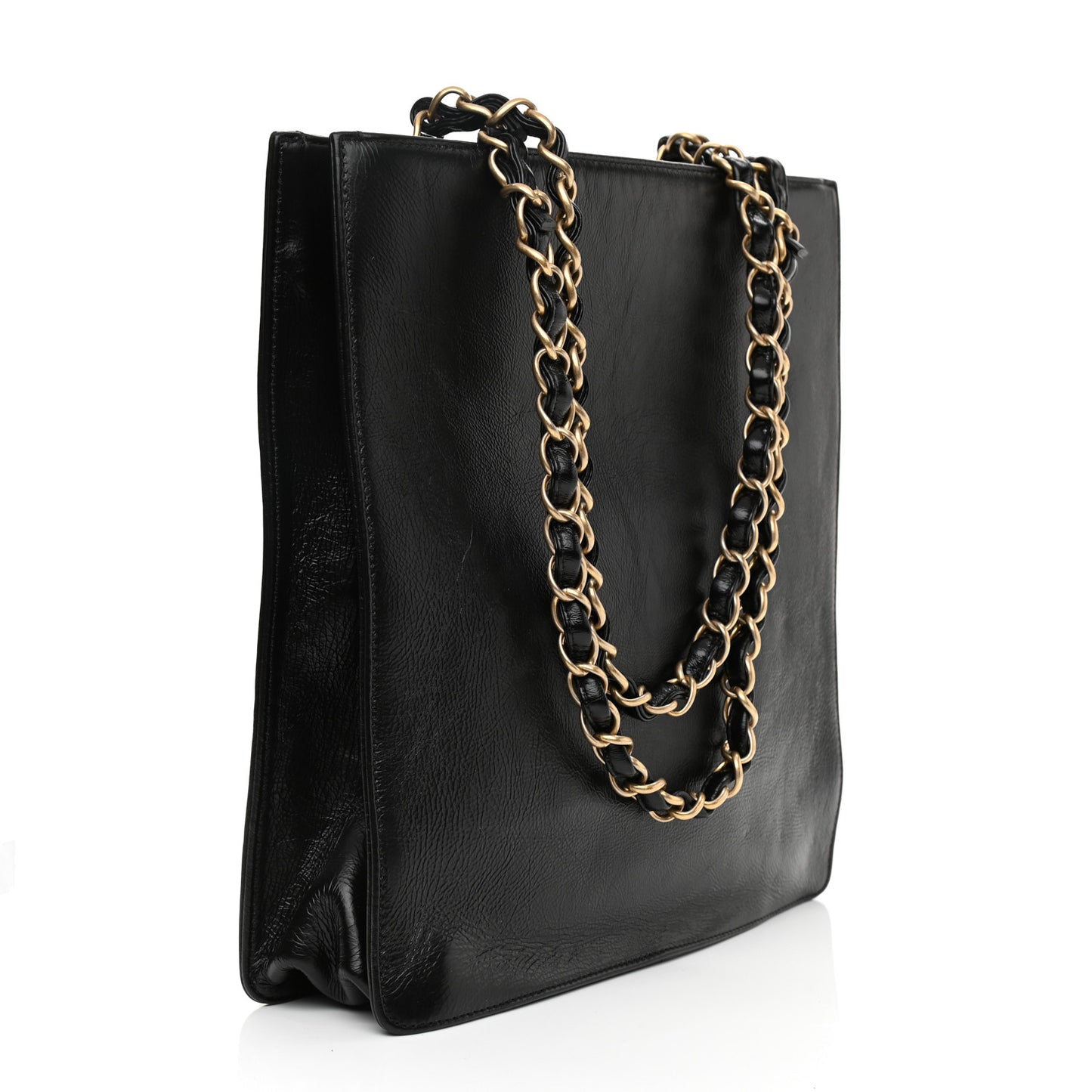 Shiny Aged Calfskin North South Shopping Bag Black