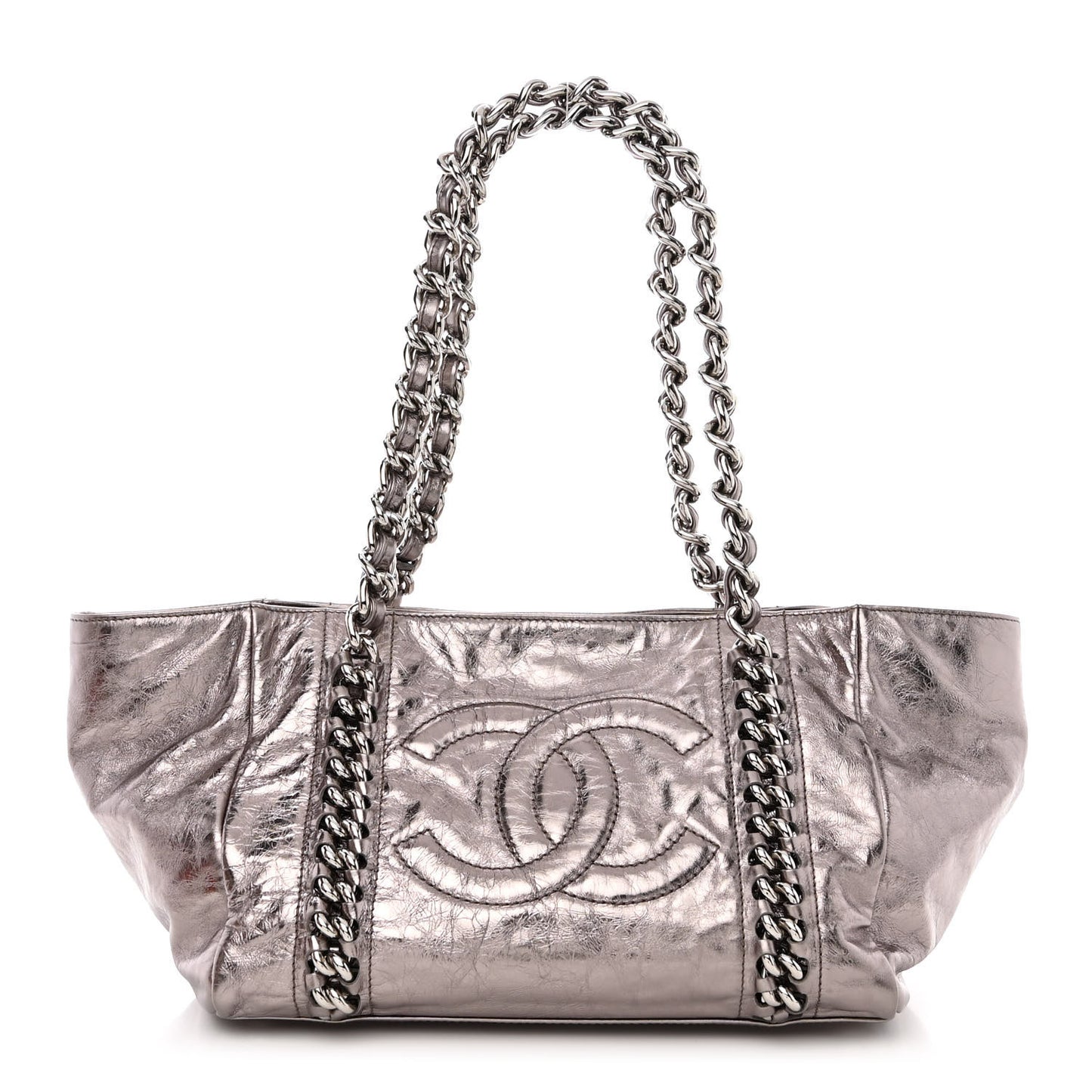 Metallic Cracked Calfskin Modern Chain Tote Dark Silver
