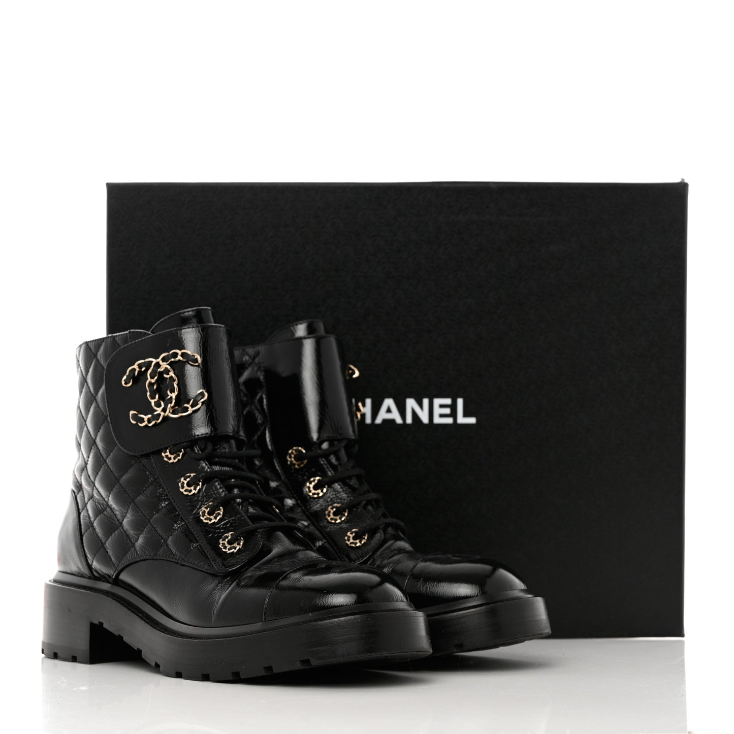 Shiny Goatskin Calfskin Quilted Lace Up Combat Boots 39.5 Black