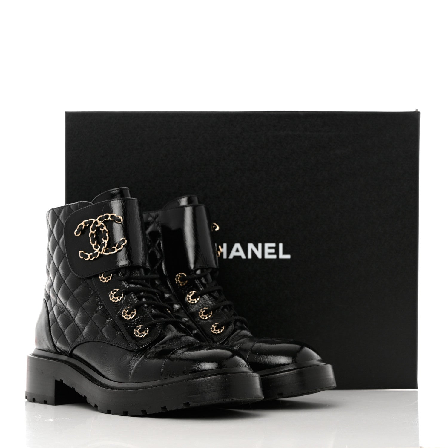 Chanel Shiny Goatskin Calfskin Quilted Lace Up Combat Boots 39.5 Black 9 of 9