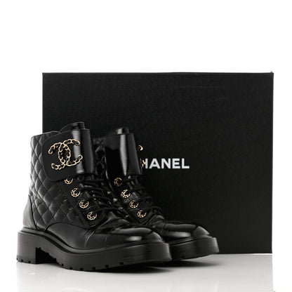 Chanel Shiny Goatskin Calfskin Quilted Lace Up Combat Boots 39.5 Black 9 of 9