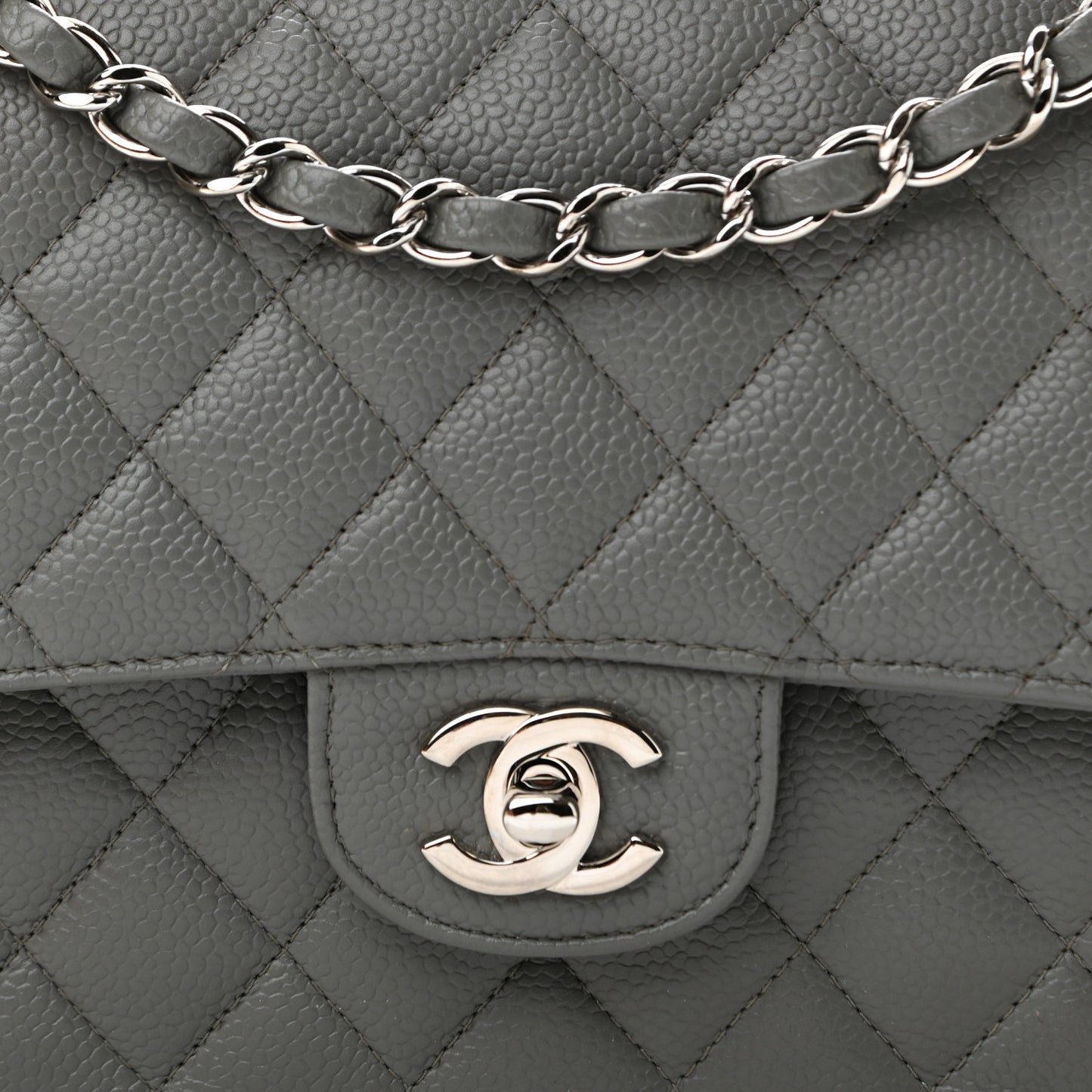 Caviar Quilted Medium Double Flap Grey