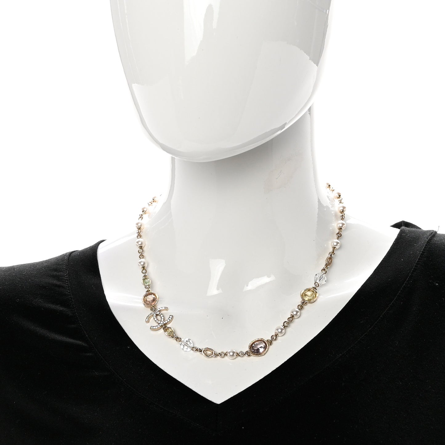 Pearl Beaded Crystal CC Necklace Gold Multicolor