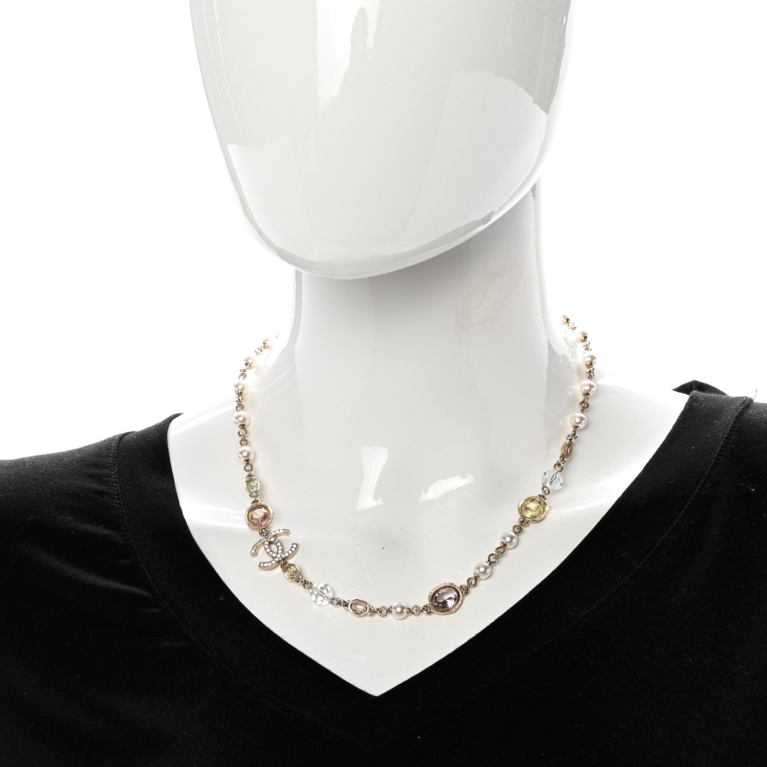 Chanel Pearl Beaded Crystal CC Necklace Gold Multicolor 2 of 4