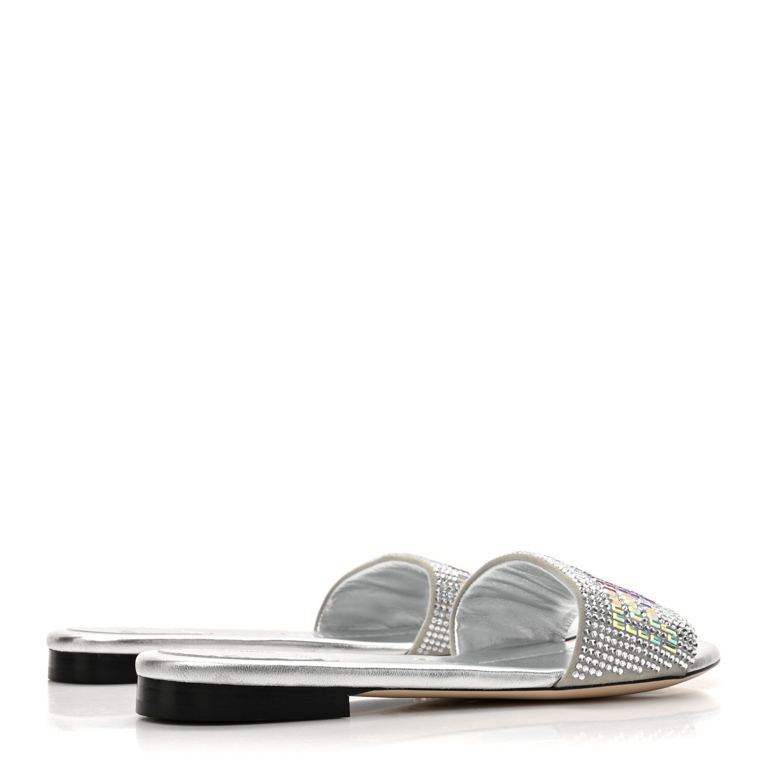 Fendi Laminated Goatskin Baguette Crystal Embroidered Signature Flat Slide Sandals 39.5 Silver 5 of 9
