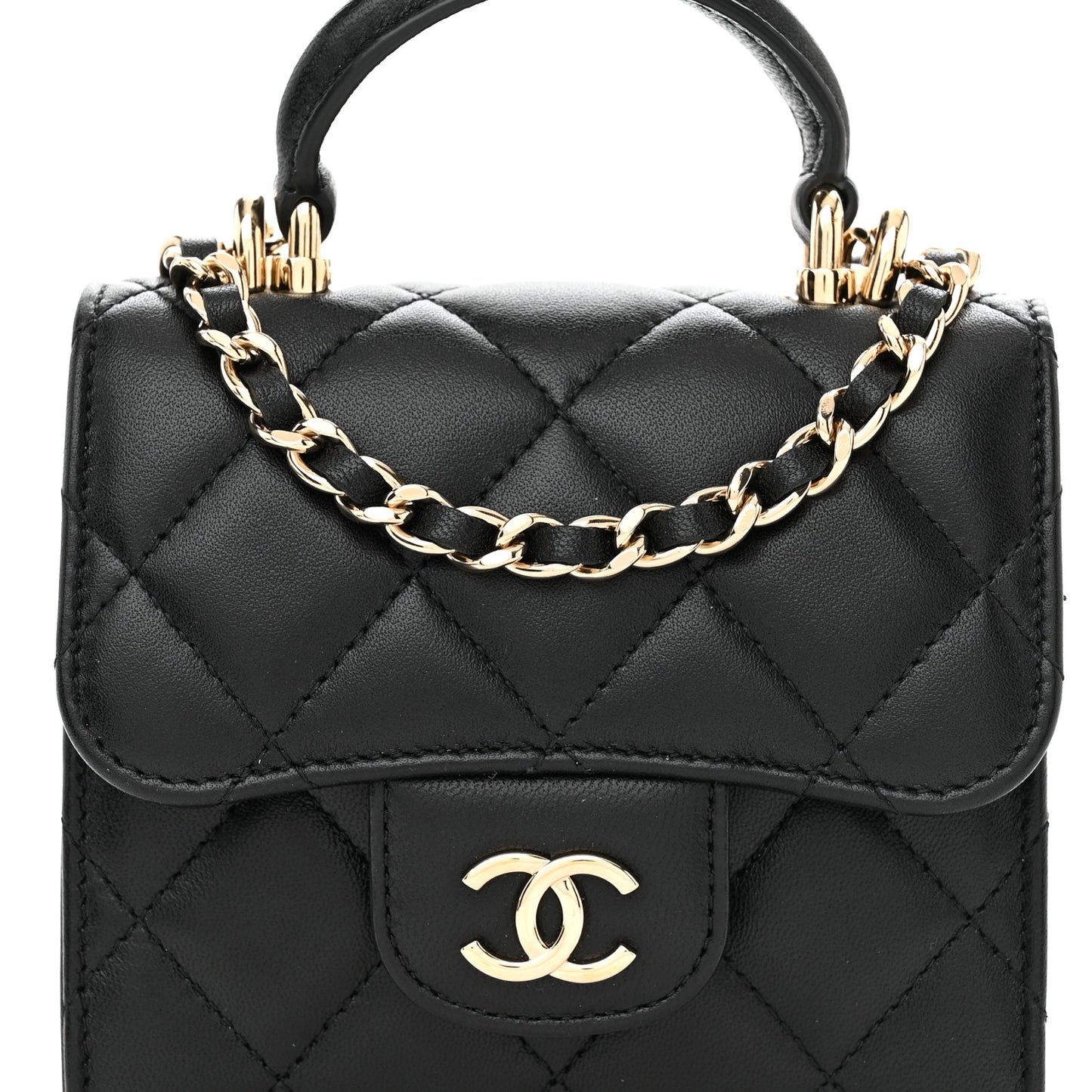 Lambskin Quilted Top Handle Flap Clutch With Chain Black