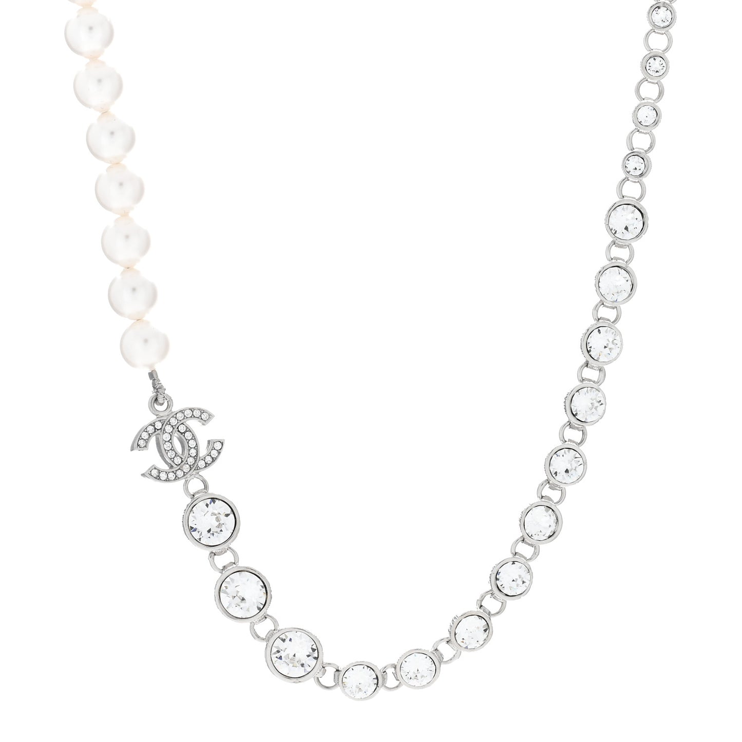 Pearl Crystal CC Choker Necklace Silver