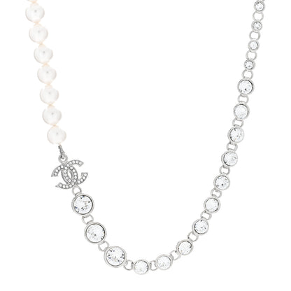 Chanel Pearl Crystal CC Choker Necklace Silver 1 of 4