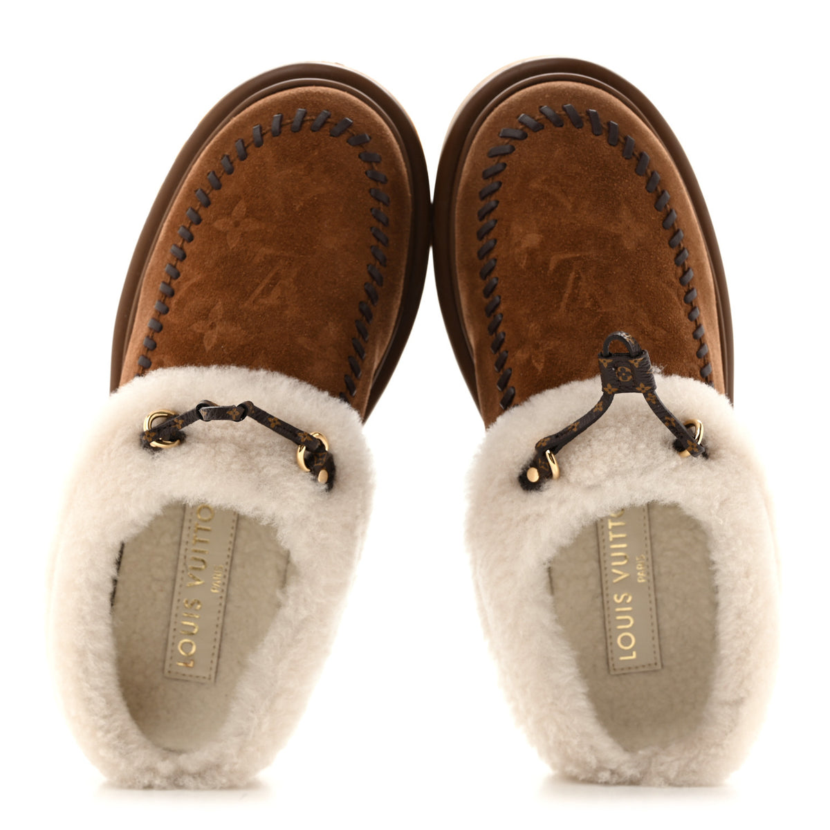 Louis Vuitton Suede Calfskin Shearling Monogram Debossed Cortina Closed Mule 39 Light Beige 2 of 12